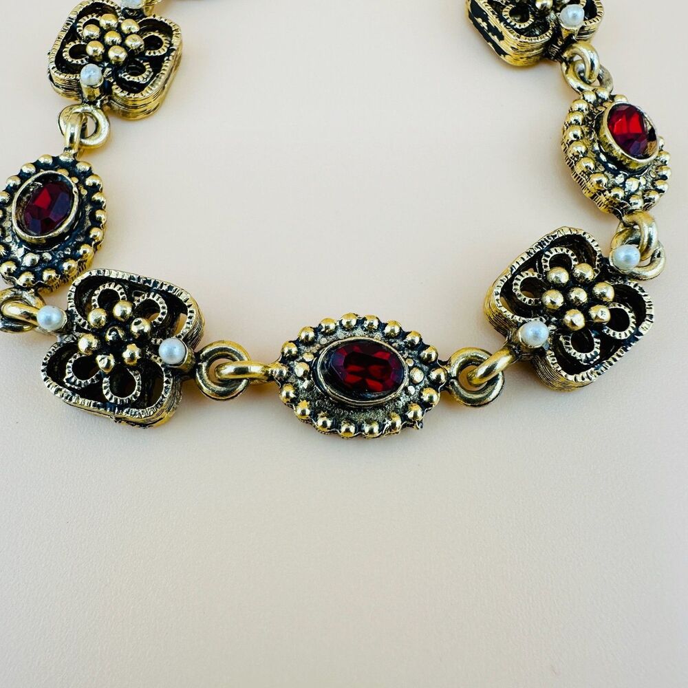 Vintage Victorian Revival Bracelet Red Rhinestone Gold Tone Faux Seed Pearl 6" - Picture 5 of 15